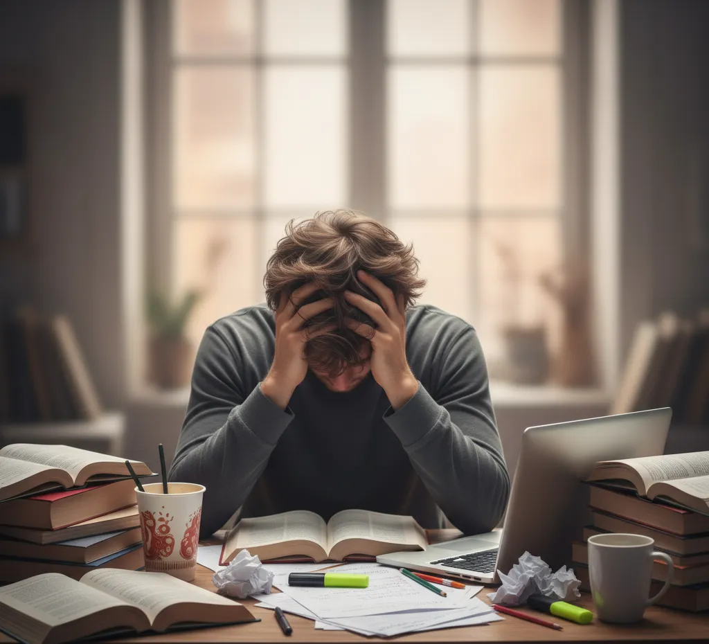 Ein Schüler sitzt gestresst zwischen Büchern und hält sich den Kopf